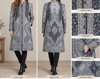 May include: A long-sleeved jacket in pashmina fabric featuring a blue, white, and black paisley pattern. It includes a Nehru collar, four front buttons, and side pockets. The jacket has a standard length of 39 inches.