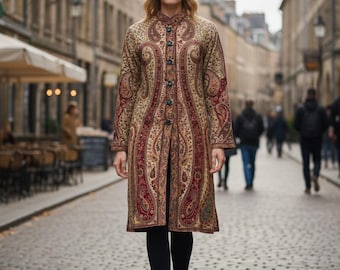 Kashmiri Pashmina Wool Jacket for Women, Handmade Paisley Long Winter Coat, Ethnic Boho Kashmiri Outerwear