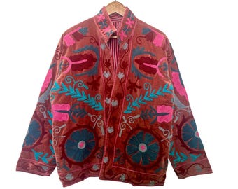 Unique Hand-Stitched Velvet Jacket – Bohemian Floral Embroidery, Vintage-Inspired Style Vibrant Velvet Jacket with Floral Embroidery