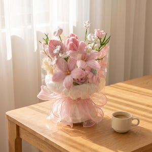 May include: A bouquet of handcrafted pink and white fabric flowers wrapped in clear plastic and white paper, tied with a translucent pink ribbon. The arrangement includes lilies, tulips, and small white blossoms with green stems and leaves.