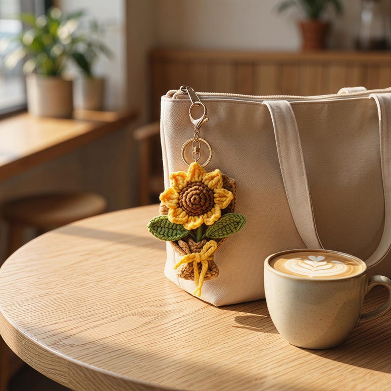 Puede incluir: Un llavero de girasol tejido a ganchillo con p&eacute;talos amarillos y centro marr&oacute;n, sujeto a un bolso tote beige. El llavero est&aacute; junto a una taza de caf&eacute; con arte latte. La escena est&aacute; ambientada en una mesa de madera.