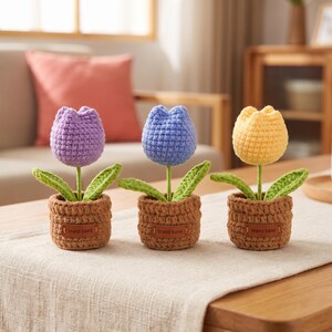 Crochet Tulip Potted Flower, Handmade Faux Flower Decor, Gift for Mom or Teacher, Cute Desk and Home Accent