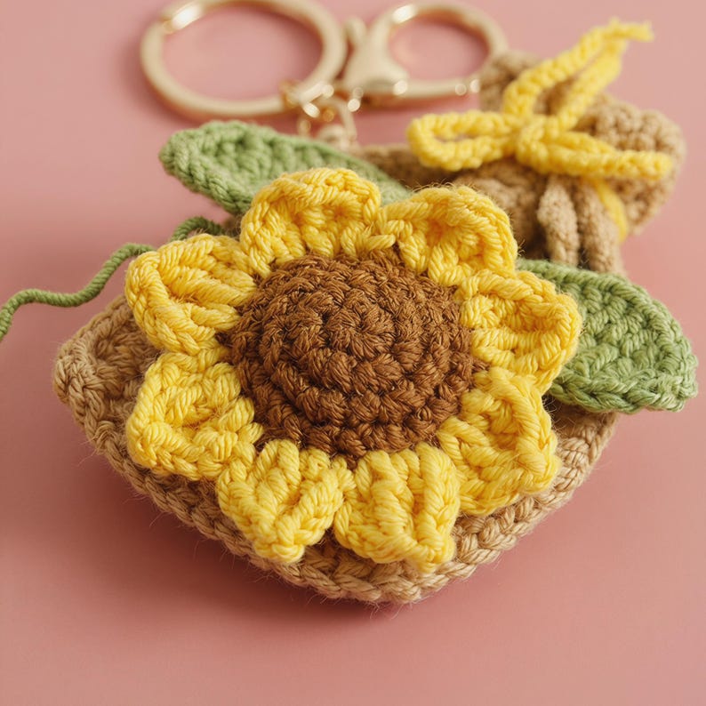 Puede incluir: Llavero de girasol tejido a ganchillo con p&eacute;talos amarillos, centro marr&oacute;n y hojas verdes. El girasol est&aacute; unido a una base cuadrada beige y un llavero dorado. La artesan&iacute;a es detallada y parece hecha a mano.
