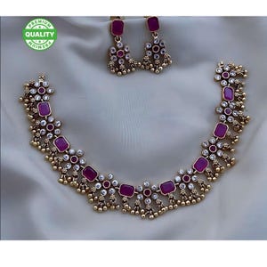 Antique Gold-Plated Necklace Set with Ruby Stones | South Indian Temple Jewelry | Bridal Choker Set with Earrings