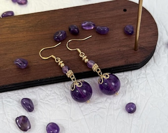 Amethyst Tropfen Ohrringe - Lila Perlen Gold-Filigrane handgemachte Ohrringe • Februar Geburtsstein Geschenk für Sie
