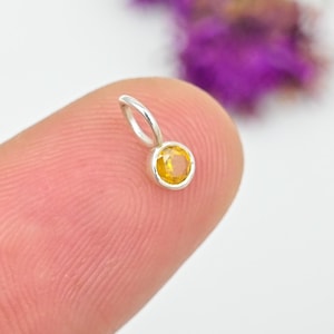 Può includere: Un piccolo ciondolo d'argento con una gemma giallo brillante. La gemma rotonda è incastonata in una lunetta d'argento e ha un anello per una catena. Il ciondolo è mostrato su uno sfondo sfocato.