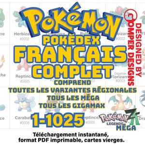 Franska (franska) Pokémon komplett Dex-kort platshållare 1-1025 TCG PokeDex-pärm PDF utskrivbar PokeDex digital nedladdning