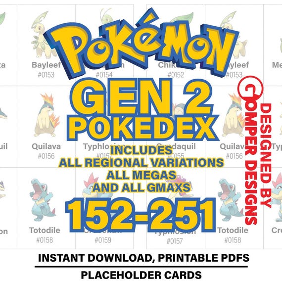 all gen 2 pokemon cards Pokémon Gen 2 Card Placeholder 152-251 TCG Pokedex Dex Binder PDF Printable  -digital Download-