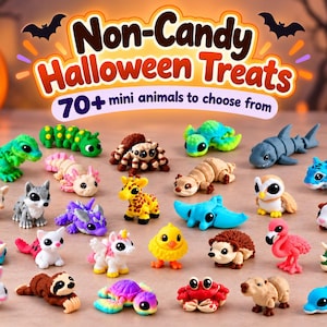 May include: A collection of over 70 miniature animal figurines in various colors and species, including a shark, turtle, giraffe, and flamingo. The image features the text Non-Candy Halloween Treats and 70+ mini animals to choose from.