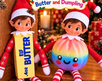 May include: Two elf costumes featuring a rectangular yellow butter block labeled ELF BUTTER .4oz and a round rainbow-colored dumpling with a smiling face. Both costumes include red and white striped sleeves and matching red elf hats with white trim.