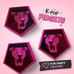 May include: Three pink and black fidget toys in a pentagon shape, each featuring a stylized lion design. The image includes text that reads "K-Pop Fidgets" and "Fun Party Favors!" on a pink background.