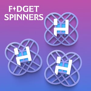 May include: The image features three fidget spinners with a unique design. Each spinner has a light purple, four-leaf clover-shaped frame with a white, H-shaped center. The background is a gradient of purple and blue, and the text "FIDGET SPINNERS" is at the top.
