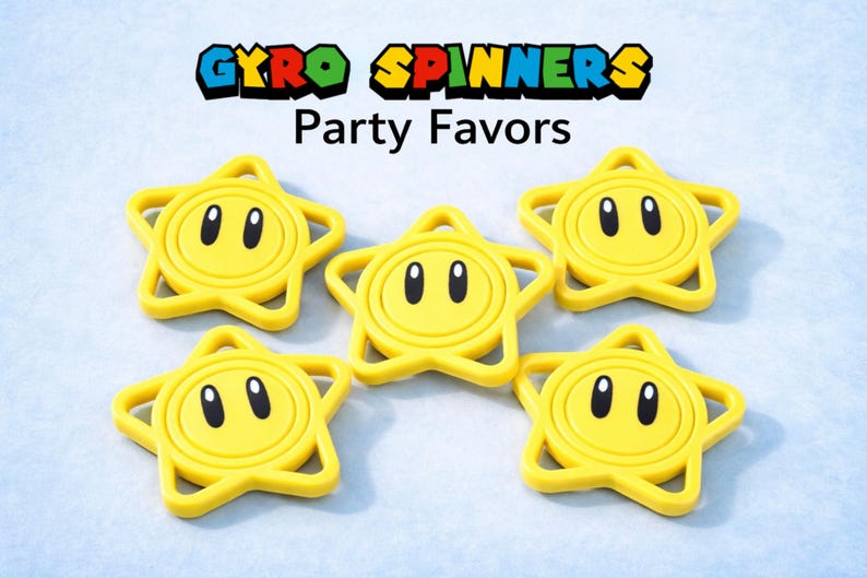 May include: Five yellow star-shaped gyro spinners with black eyes and a smiling face. The text "GYRO SPINNERS Party Favors" is displayed above the spinners in a colorful font. The spinners are on a light blue background.