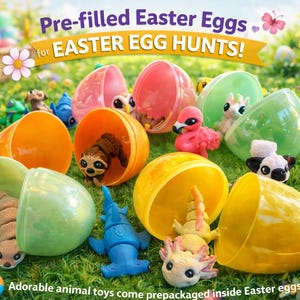 May include: Colorful Easter eggs with adorable animal toys inside, scattered on green grass. The image includes text that reads "Pre-filled Easter Eggs for Easter Egg Hunts!" and "Adorable animal toys come prepackaged inside Easter eggs!"