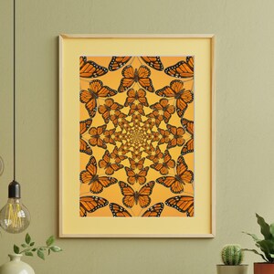 Poster caleidoscopio di farfalle monarca, decorazione murale arancione, stravagante decorazione ispirata alla natura, motivo di insetti colorati per camera da letto o soggiorno
