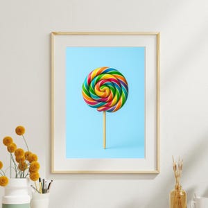 Rainbow Lollipop Wall Art Poster – Bright Candy Illustration on Blue Background – Fun Minimalist Pop Art Decor for Kitchen, Playroom, Kids