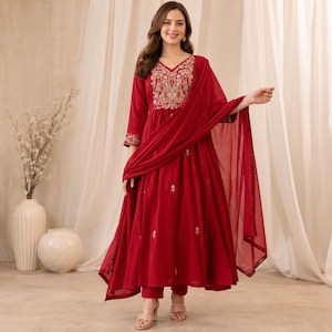 Embroidered Anarkali Gown Pant with Dupatta, Silk Indian Dress for Women, Flared Wedding Suit