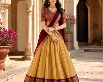 Enfärgat mönster Lehenga Choli Dupatta-set, indisk Zari-vävd bröllopsklänning för kvinnor
