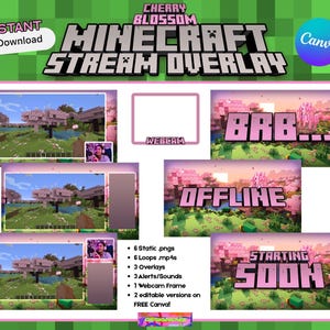 Può includere: Un set di overlay per streaming digitale di Minecraft con un tema di fiori di ciliegio. Include immagini statiche, animazioni in loop, overlay, avvisi, un frame per webcam e versioni modificabili. Il testo include "Minecraft Stream Overlay", "BRB", "Offline" e "Starting Soon".