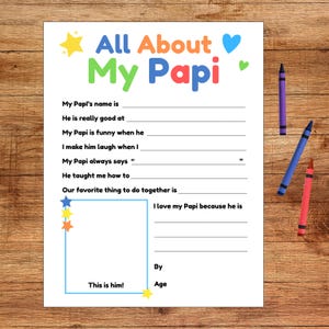 All About Papi Printable Worksheet - Father's Day or Birthday Card from Kids - Last Minute Gift - Instant Download PDF