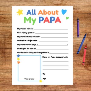 All About Papa Printable Worksheet - Father's Day or Birthday Card from Kids - Last Minute Gift - Instant Download PDF