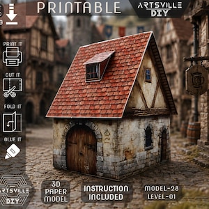 May include: A printable 3D paper model of a medieval-style house. The house features a red tile roof, stone walls, and a wooden door. The image includes the text "Printable," "Instant Download," and "Instruction Included."