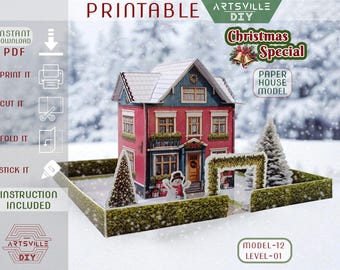 Printable 3D Paper House Template - DIY Miniature Christmas Village Craft for Kids and Adults