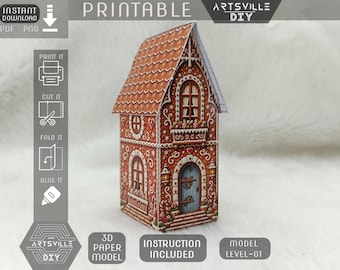 Miniatura di casetta di pan di zenzero da stampare su carta / Decorazione fai da te per villaggio natalizio / Decorazione fai da te per le feste su carta