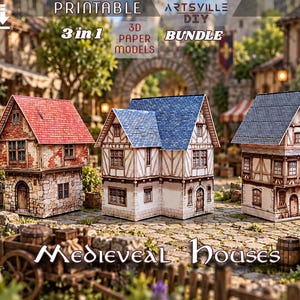 Puede incluir: Un paquete de 3 modelos de casas medievales en papel 3D para imprimir, con tres estructuras distintas con techos rojos y azules, paredes de entramado de madera y detalles en piedra. Incluye etiquetas de texto market, blacksmith, tavern, castle.
