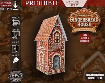 Miniatura di casetta di pan di zenzero da stampare su carta / Decorazione fai da te per villaggio natalizio / Decorazione fai da te per le feste su carta