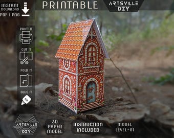 Casa delle bambole di pan di zenzero, stampabile su carta / Decorazione fai da te per villaggio natalizio / Casa delle bambole di carta natalizia, diario creativo per le feste