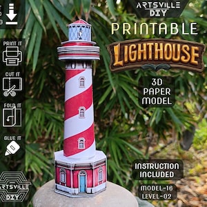 Può includere: Un modello di faro di carta a strisce rosse e bianche con una porta e finestre blu. Il modello è un progetto stampabile fai-da-te con istruzioni incluse. Il testo sull'immagine dice "Modello di carta 3D del faro stampabile".