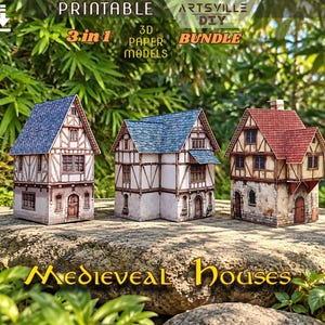 May include: A 3-in-1 printable 3D paper model bundle featuring three medieval houses with timber-framed walls, stone foundations, and textured roofs in blue, teal, and red. The text reads: PRINTABLE, 3-in-1, 3D PAPER MODELS, ARTSVILLE DIY BUNDLE, MEDIEVAL HOUSES, PRINT IT, CUT IT, FOLD IT, GLUE IT.