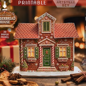 May include: A 3D paper model of a gingerbread house featuring a brown textured exterior, a red shingled roof, green shutters, and a green front door. The house is decorated with white icing details, candy cane columns, and small potted trees.