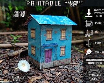 Plantilla imprimible de casa de muñecas de papel estilo bohemio y fantasía, ideal para diarios creativos y casas de muñecas.