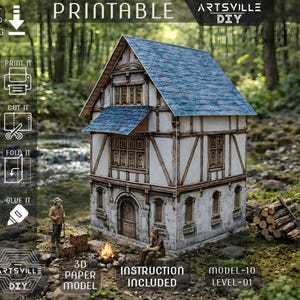 Utskrivbar miniatyrhusmall | Medeltida pappersmodell | Cricut & handskuren fil