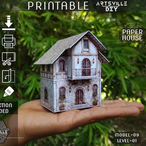 Utskrivbart DIY-projekt Medeltida byhus | DIY 3D-pappershusmall | Enkelt miniatyrvinterpyssel