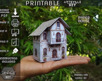 Afdrukbaar doe-het-zelfproject middeleeuws dorpshuis | Sjabloon voor zelfgemaakt 3D-papierhuis | Eenvoudig miniatuur winterhuisknutselen