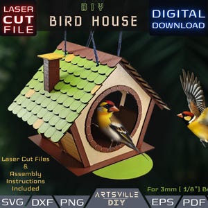 Diy Bird House Laser Cut File SVG DXF pdf – 3 mm Wooden Birdhouse Template for Glowforge, cnc, Cricut, DIY Bird Feeder & Nest Box Download