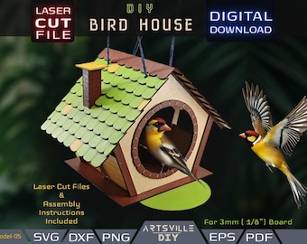 Diy Bird House Laser Cut File SVG DXF pdf – 3 mm Wooden Birdhouse Template for Glowforge, cnc, Cricut, DIY Bird Feeder & Nest Box Download