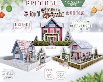 Printable Tiny Christmas Village Houses – DIY 3D Paper Christmas Village Set of 3 Designs | Instant Download PDF Templates
