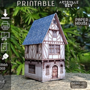 Modello di casetta medievale in carta stampabile, in 3D, per bambini e appassionati.