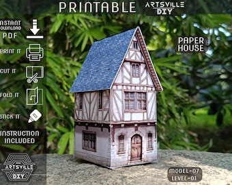 Printable Medieval Cottage Paper Model 3D Paper House Template for Kids & Hobbyists