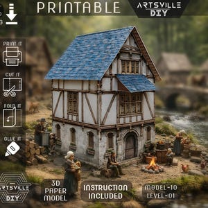 Plantilla de casa en miniatura imprimible / Modelo de papel medieval / Archivo de corte a mano y Cricut