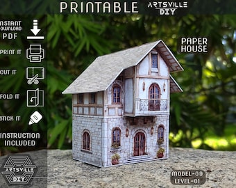 May include: A paper house model with a stone and wood facade, featuring arched windows, a balcony, and a detailed roof. The image includes instructions for printing, cutting, folding, and sticking the model together. The text on the image says "Printable Paper House".