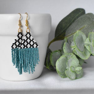Hand Beaded Fringe Earring | Black and White with Turquoise Seed Beaded Earring Short Length