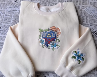 Zelda Hylian Shield Embroidered Sweatshirt and Hoodie, Silent Princess Flower Sweater, Legend of Zelda Merch