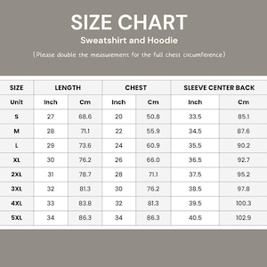 May include: Size chart for sweatshirts and hoodies, with measurements in inches and centimetres. Includes size, length, chest, and sleeve center back measurements. Sizes range from S to 5XL, with lengths from 68.6 cm to 86.3 cm.