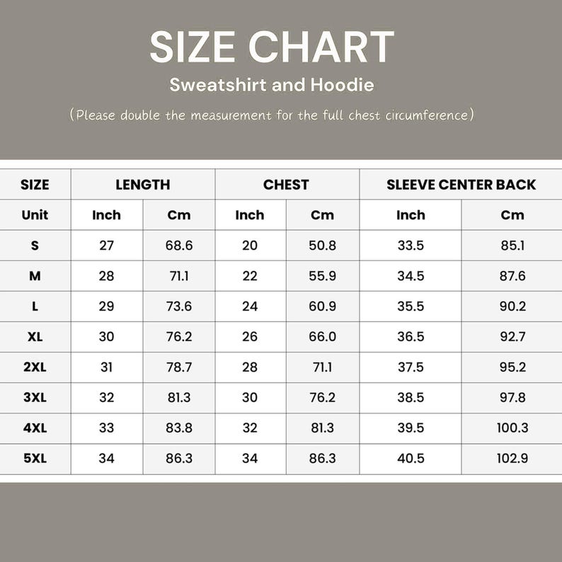May include: Size chart for sweatshirts and hoodies, with measurements in inches and centimetres. Includes size, length, chest, and sleeve center back measurements. Sizes range from S to 5XL, with lengths from 68.6 cm to 86.3 cm.
