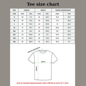 May include: A tee size chart with measurements in inches and centimeters. The chart includes sizes S to 5XL, with corresponding lengths, widths, and sleeve center back measurements. A diagram illustrates how to measure a t-shirt.